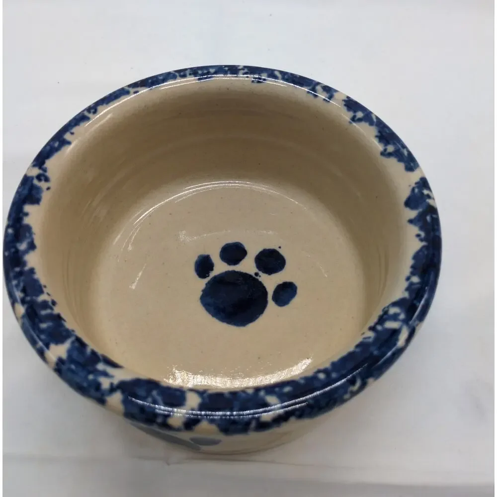 Yesteryears Hand Turned Stoneware Dog Bowl Signed Blue Pawprints USA Vintage